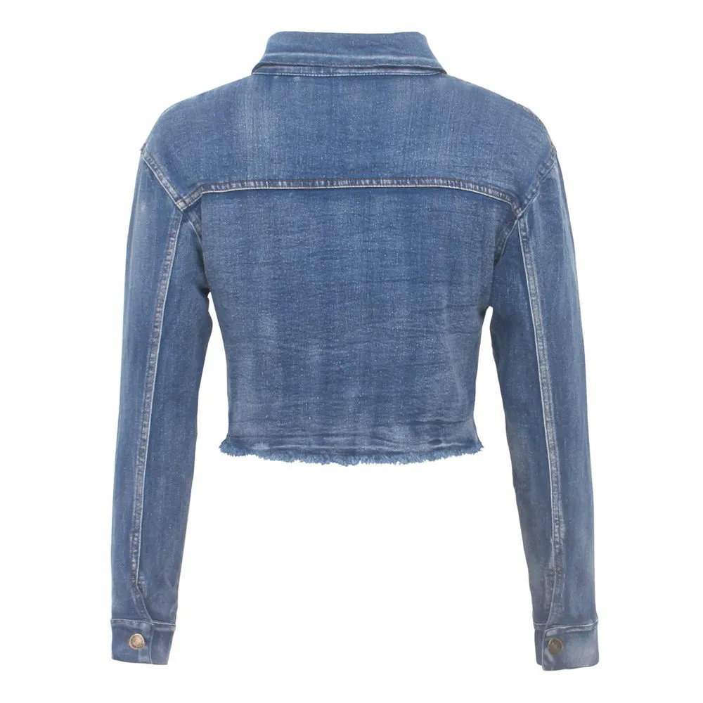 Renegade Camo Pocket Frayed Hem Cropped Denim Jacket Castello Clothing Line