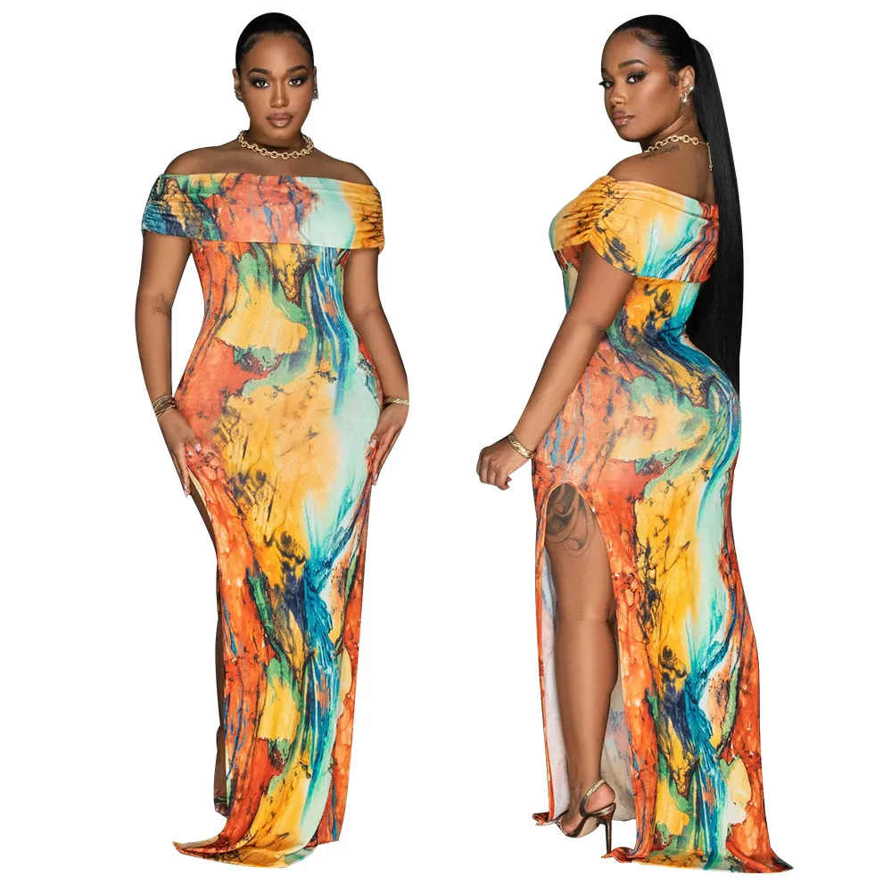 Juniper Off-Shoulder Abstract Print Bodycon Maxi Dress maxi dress Castello Clothing Line