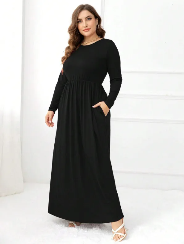 Aurelia Plus Long Sleeve Shirred Maxi Dress maxi dress Castello Clothing Line