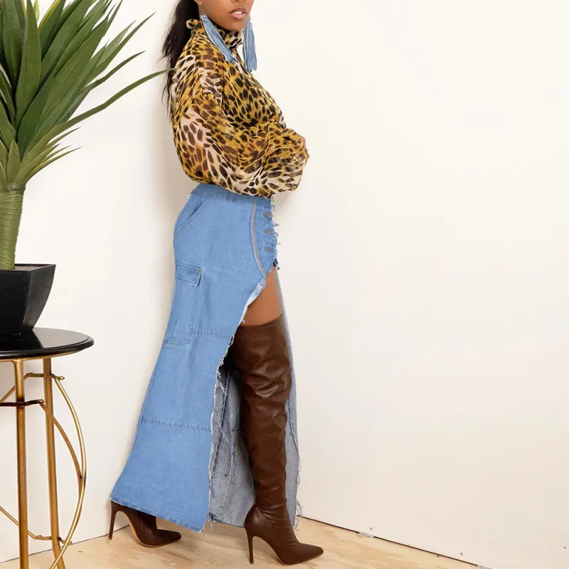Edge Play Button-Up Slit Denim Skirt  Castello Clothing Line   