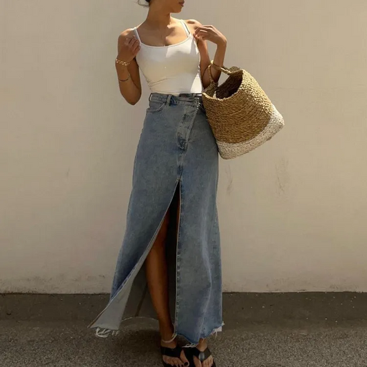 Wrap It Up Slit Front Denim Maxi Skirt  Castello Clothing Line   