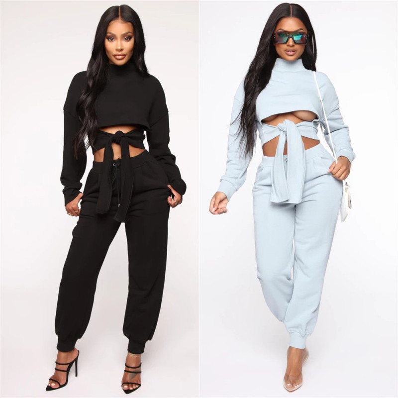 Cropped Sweater Top and Pants Set with Cut Out Sleeves and Front Tie  Castello Clothing Line   