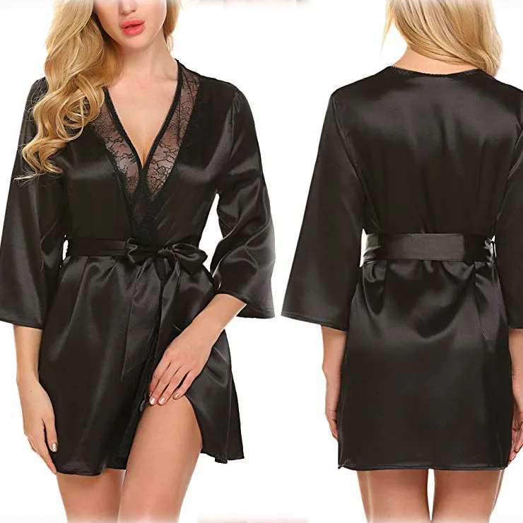 Ruby Glow Lace-Trim Satin Wrap Robe  Castello Clothing Line   