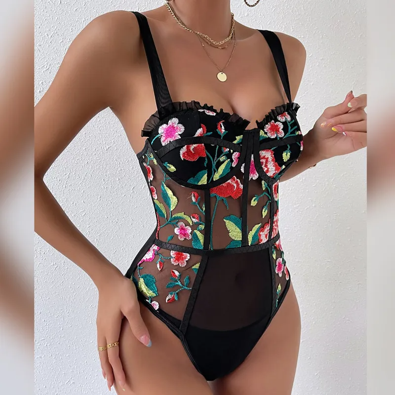 Garden Bliss Embroidered Mesh Bodysuit  Castello Clothing Line   