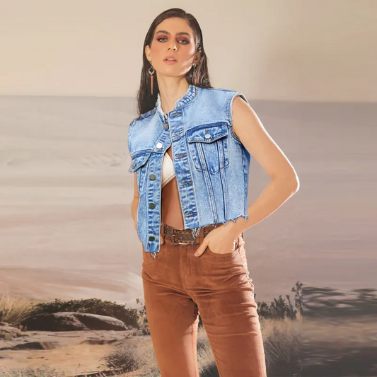 Sierra Denim Cropped Sleeveless Jacket Castello Clothing Line
