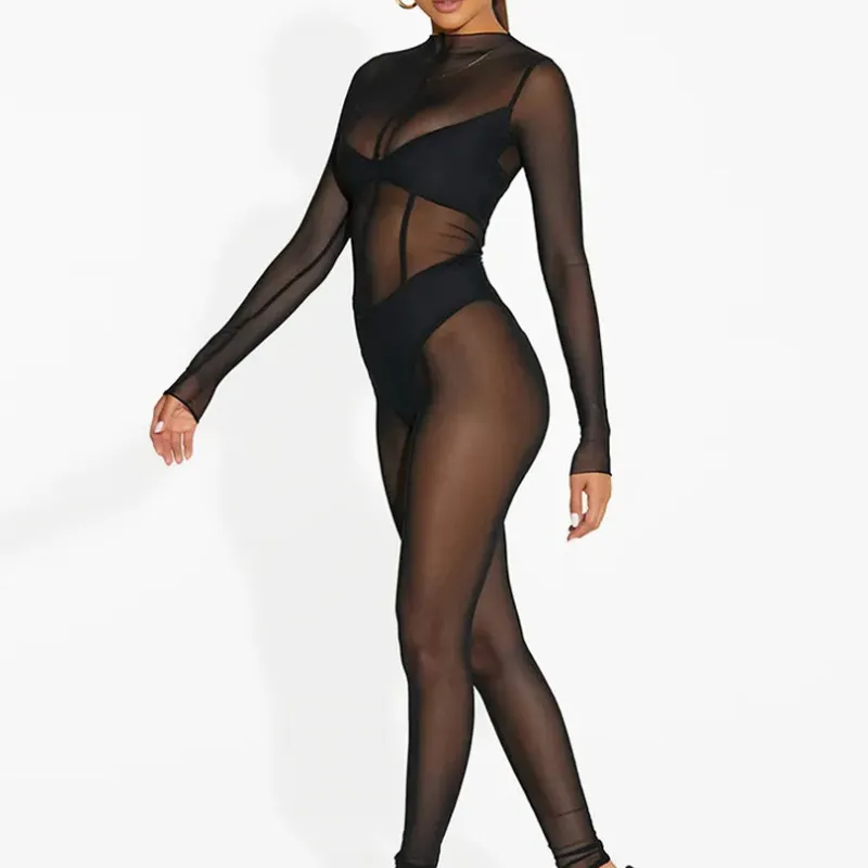 Taylor Sheer Mesh Long Sleeve Bodycon Jumpsuit bodycon jumpsuit Castello Clothing Line