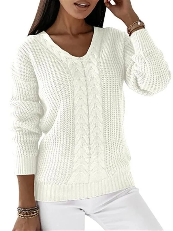 Rise V-Neck Cable Knit Long Sleeve Sweater Castello Clothing Line