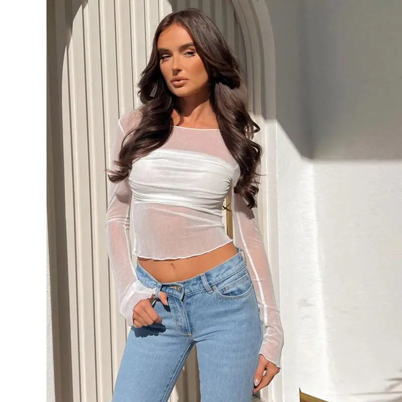 Eden Sheer Off-Shoulder Long Sleeve Mesh Top  Castello Clothing Line   
