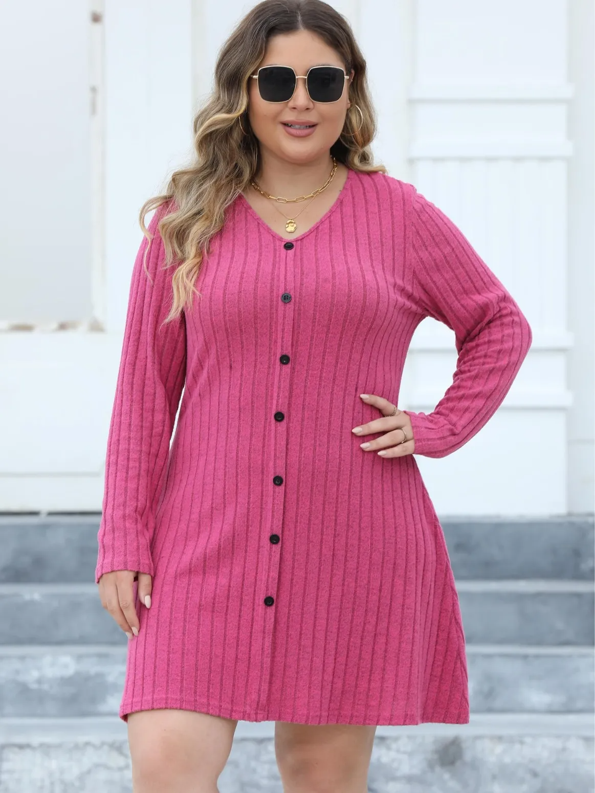 Mara Plus Size Belted Button-Down Ribbed Knit Mini Dress Castello Clothing Line
