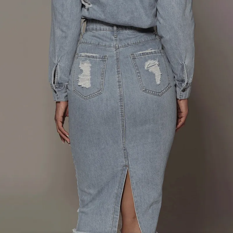 Torn to Perfection Distressed Denim Midi Skirt  Castello Clothing Line   
