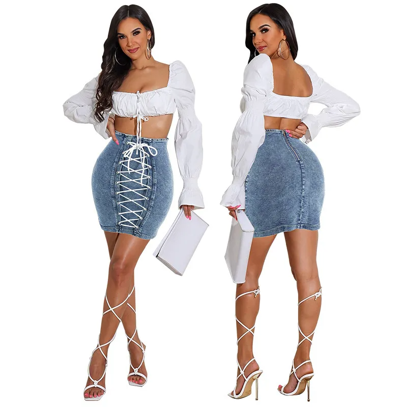 All Laced Up High-Waist Denim Bodycon Skirt  Castello Clothing Line   