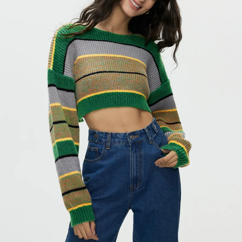 Wildline Striped Knit Cropped Long Sleeve Sweater Castello Clothing Line