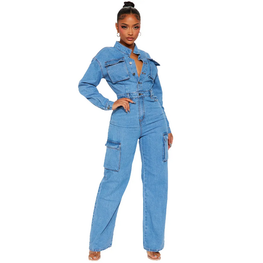 Lydia Long Sleeve Denim Cargo Wide Leg Jumpsuit utility jumpsuit Castello Clothing Line