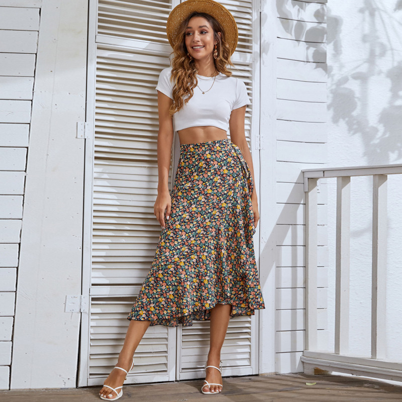 High Waist Floral Ruffle Wrap Skirt - Elegant and Trendy Midi Skirt with Chic Flower Print, Side Tie - Polyester/Spandex Blend  Castello Clothing Line   