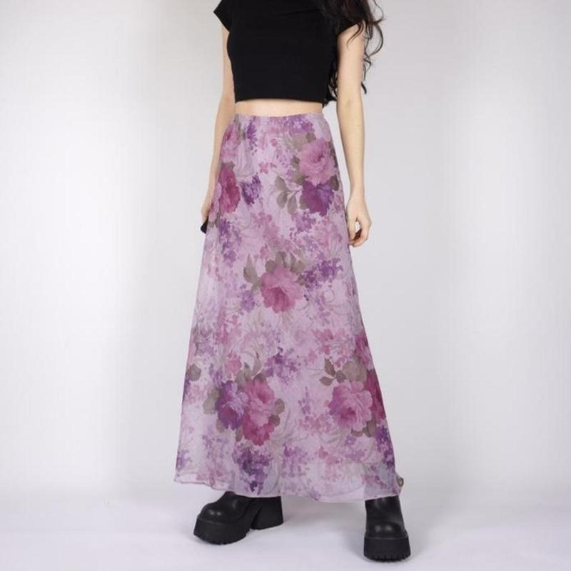 Floral Chiffon Maxi Skirt - Lightweight High Waist Mesh/Polyester  Castello Clothing Line   