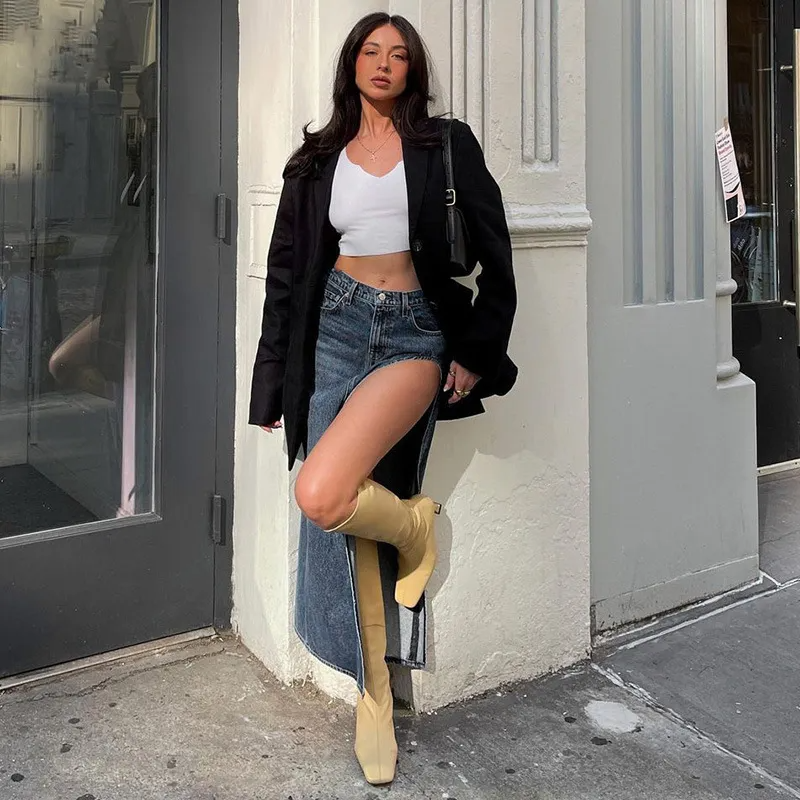 Street Chic High Slit Denim Skirt  Castello Clothing Line   