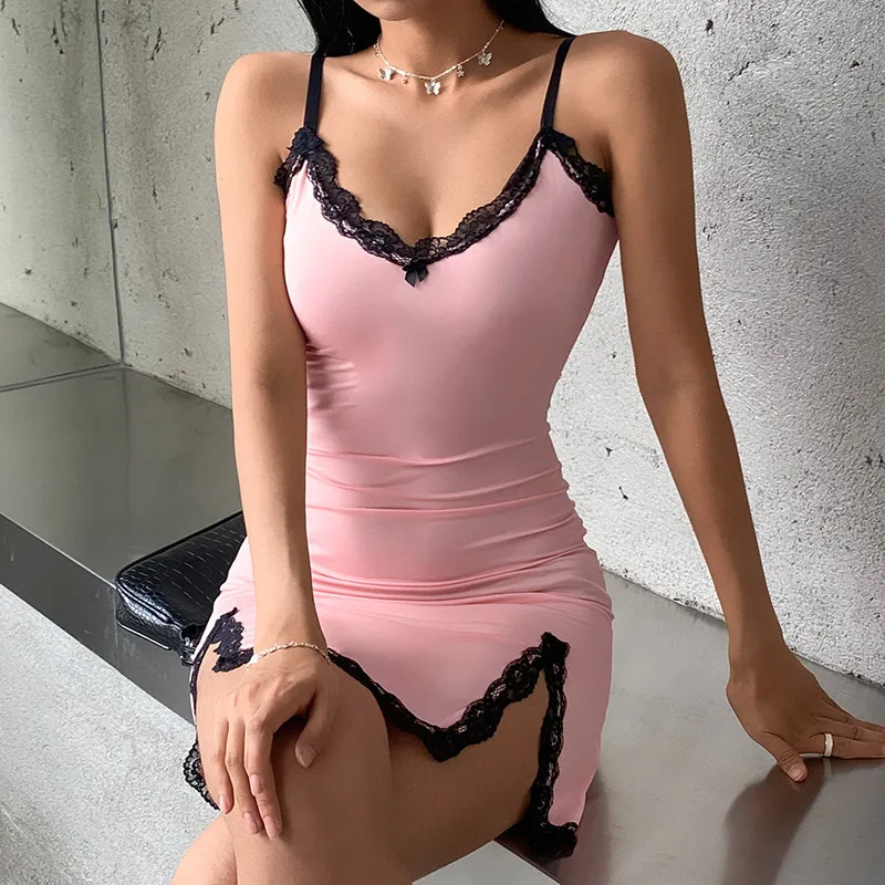 Eva Lace Trim Spaghetti Strap Bodycon Mini Dress Castello Clothing Line