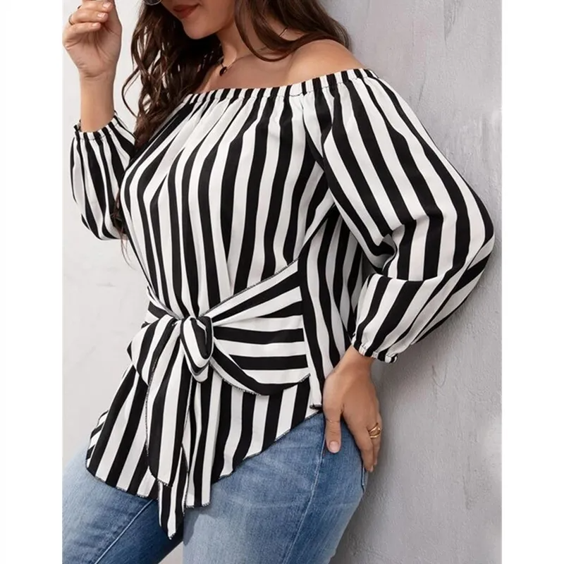 Sway Off-Shoulder Striped Belted Long Sleeve Top Castello Clothing Line