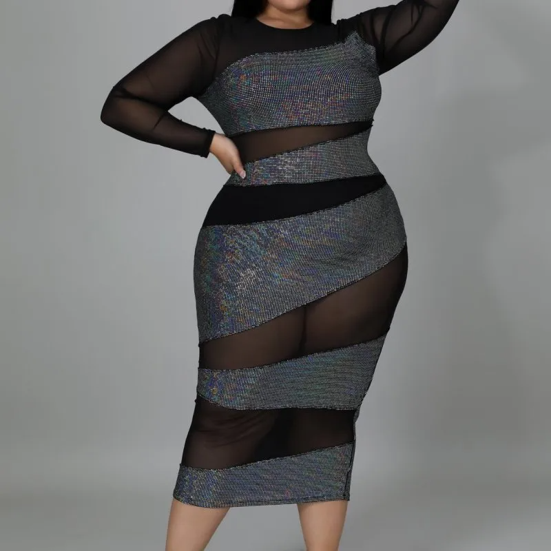 Reese Plus Size Glitter Mesh Panel Bodycon Midi Dress midi dress Castello Clothing Line