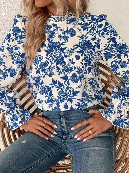 Blue Blossom High-Neck Long Sleeve Blouse  Castello Clothing Line   