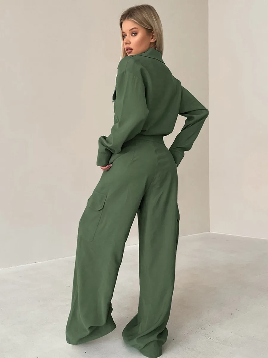 Madison Long Sleeve Utility Cargo Wide Leg Jumpsuit utility jumpsuit Castello Clothing Line