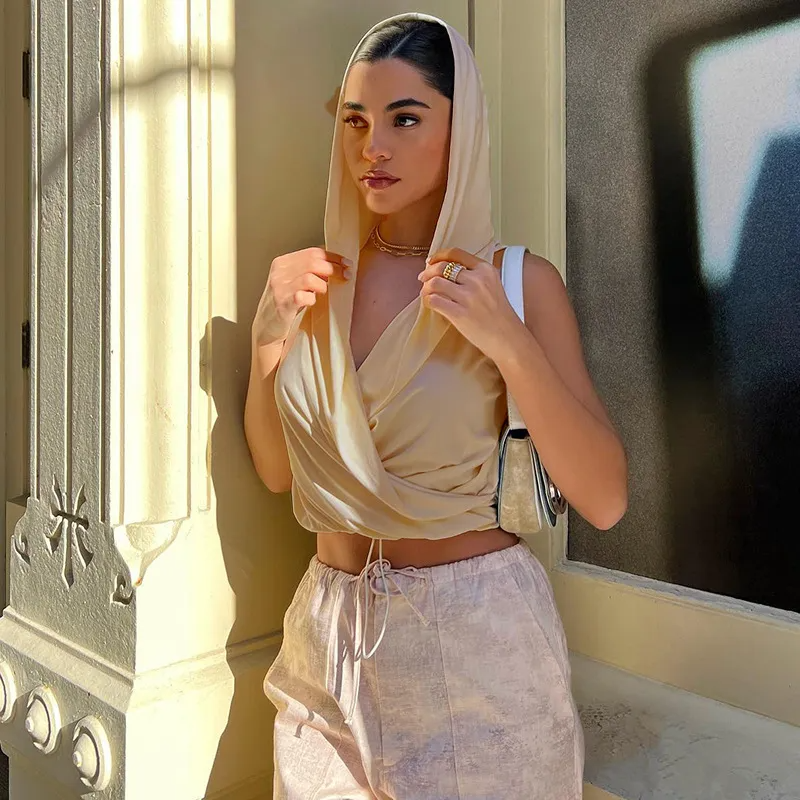 Hooded Seduction Draped Plunge Crop Top  Castello Clothing Line   