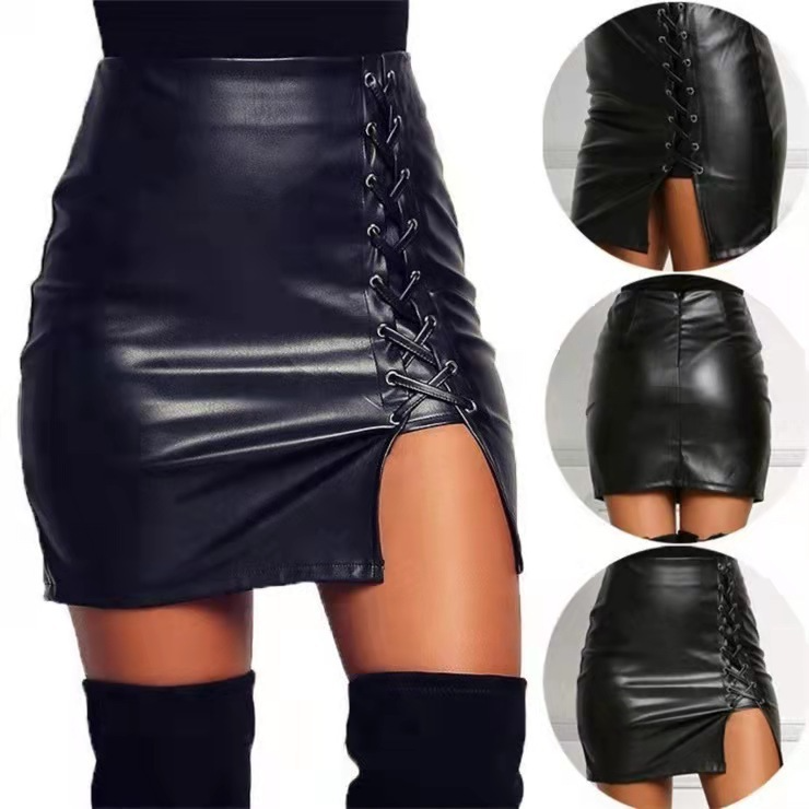 High-Waisted Lace-Up Leather Skirt with Front Slit  Castello Clothing Line   