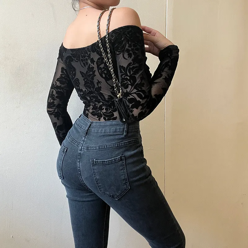 Velvet Whisper Off-Shoulder Sheer Bodysuit  Castello Clothing Line   