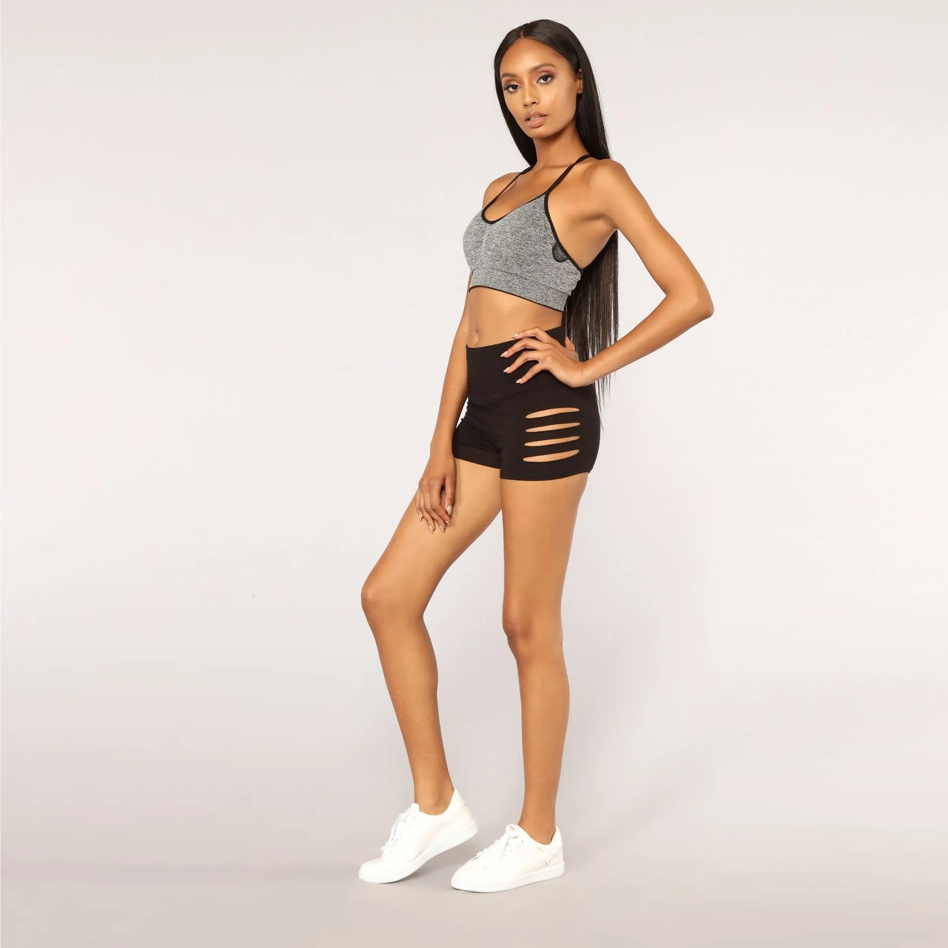 Nikki High-Rise Cutout Stretch Booty Shorts workout shorts Castello Clothing Line