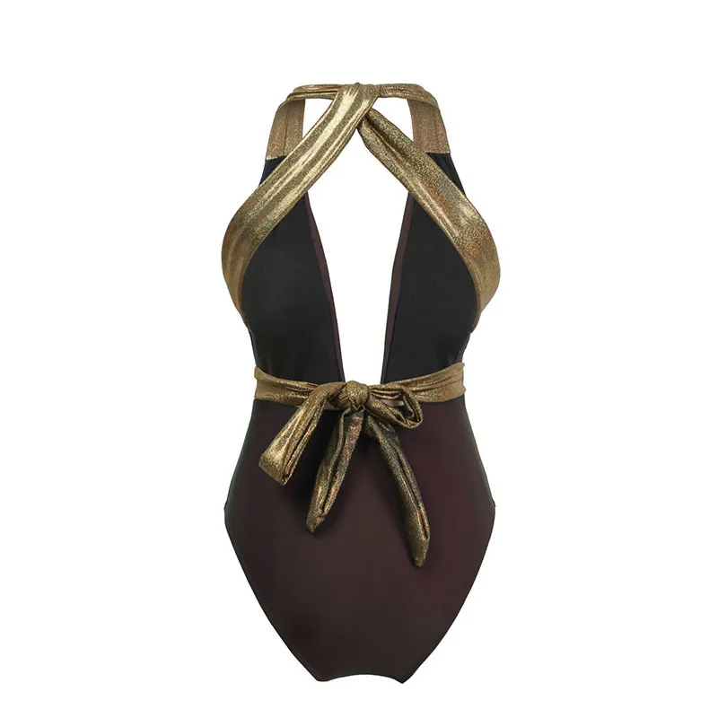 Elegant Two-Tone Deep V-Neck Strappy One Piece Swimsuit  Castello Clothing Line   