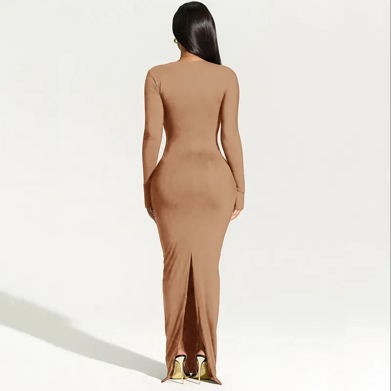 Vespera Asymmetrical Neck Long Sleeve Bodycon Maxi Dress maxi dress Castello Clothing Line