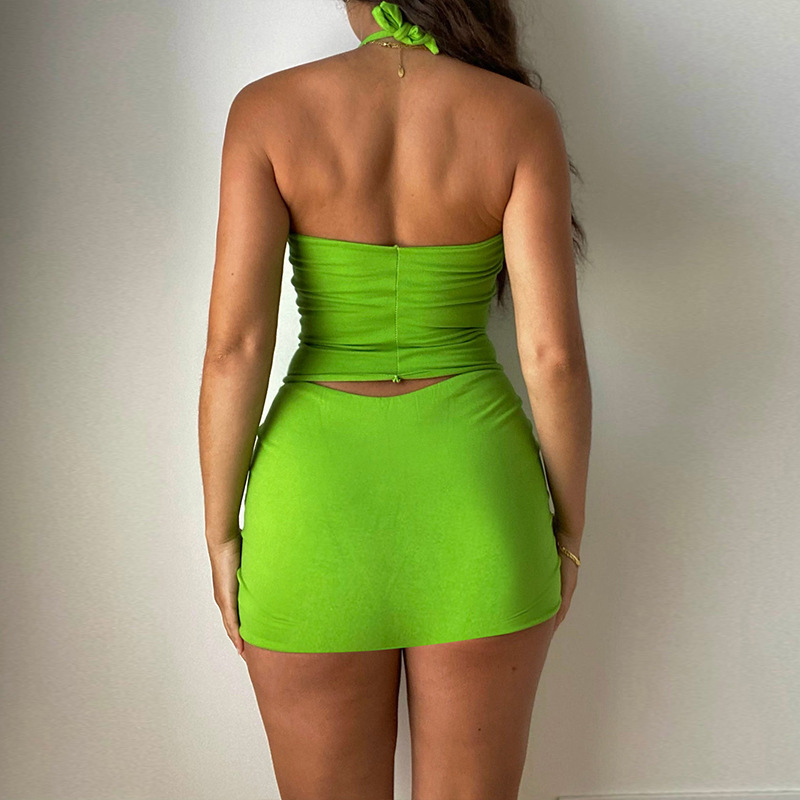 Halter Top and Slim Mini Skirt Set in Polyester/Milk Fiber/Spandex Blend  Castello Clothing Line   