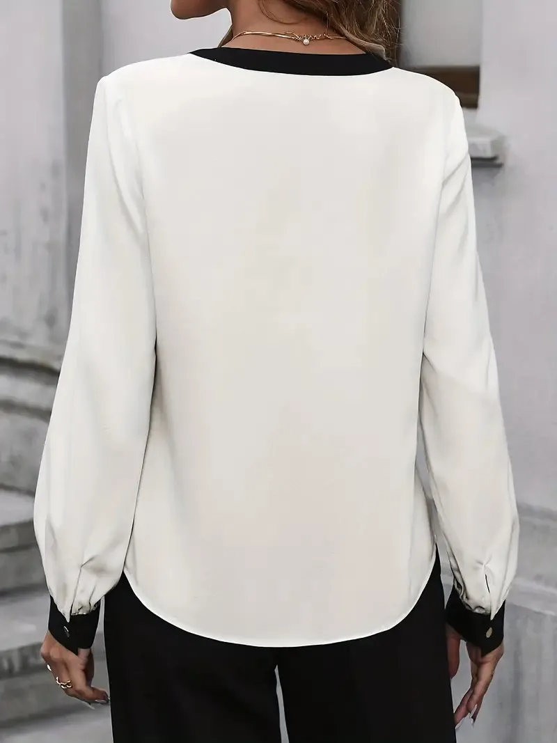 Iconic V-Neck Contrast Trim Long Sleeve Blouse Castello Clothing Line