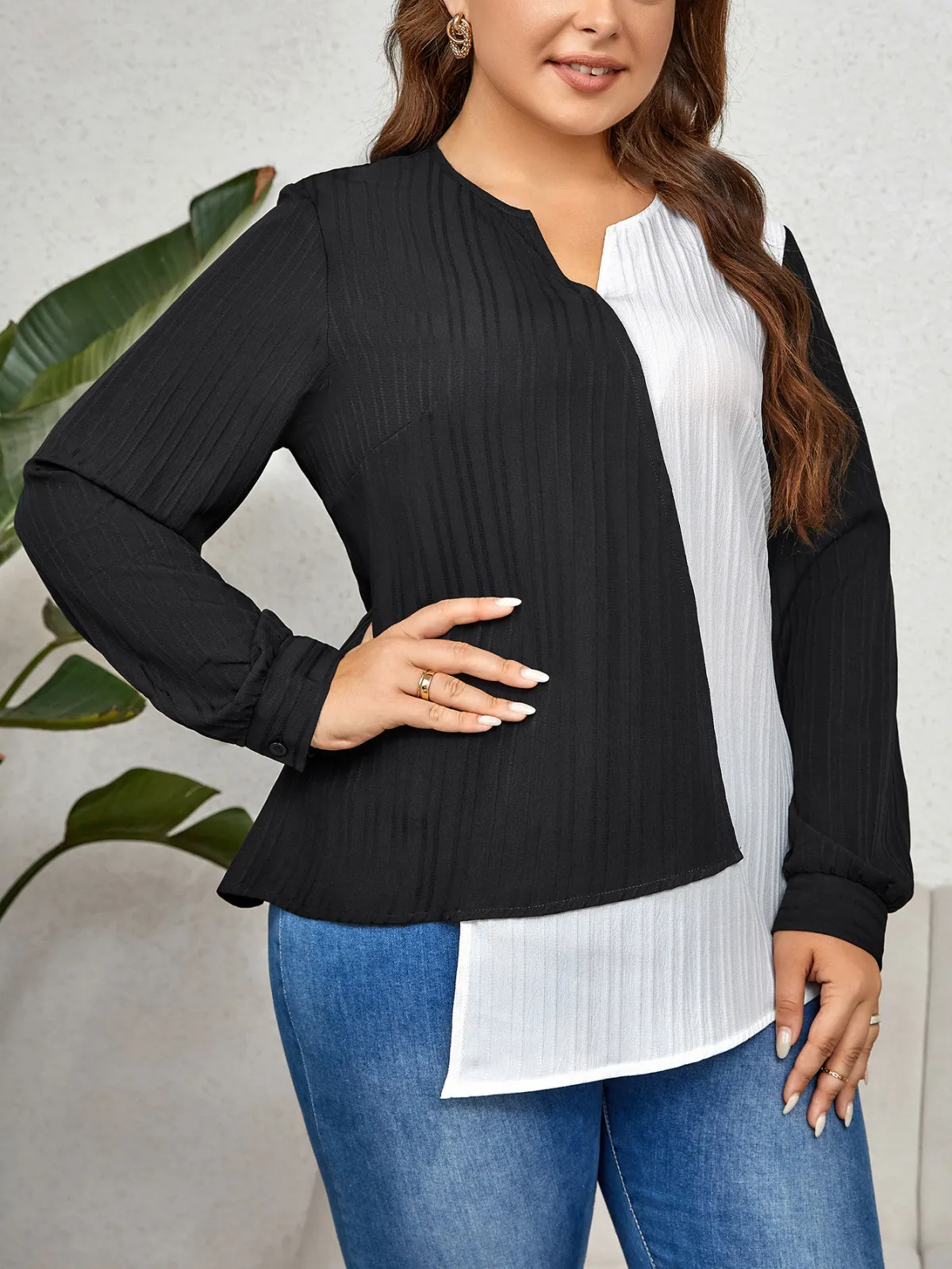 Bold Divide Asymmetrical Long Sleeve Plus Size Blouse Castello Clothing Line