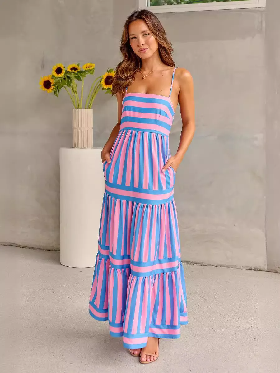 Seren Striped Smocked Tiered Pocketed Maxi Dress maxi dress Castello Clothing Line