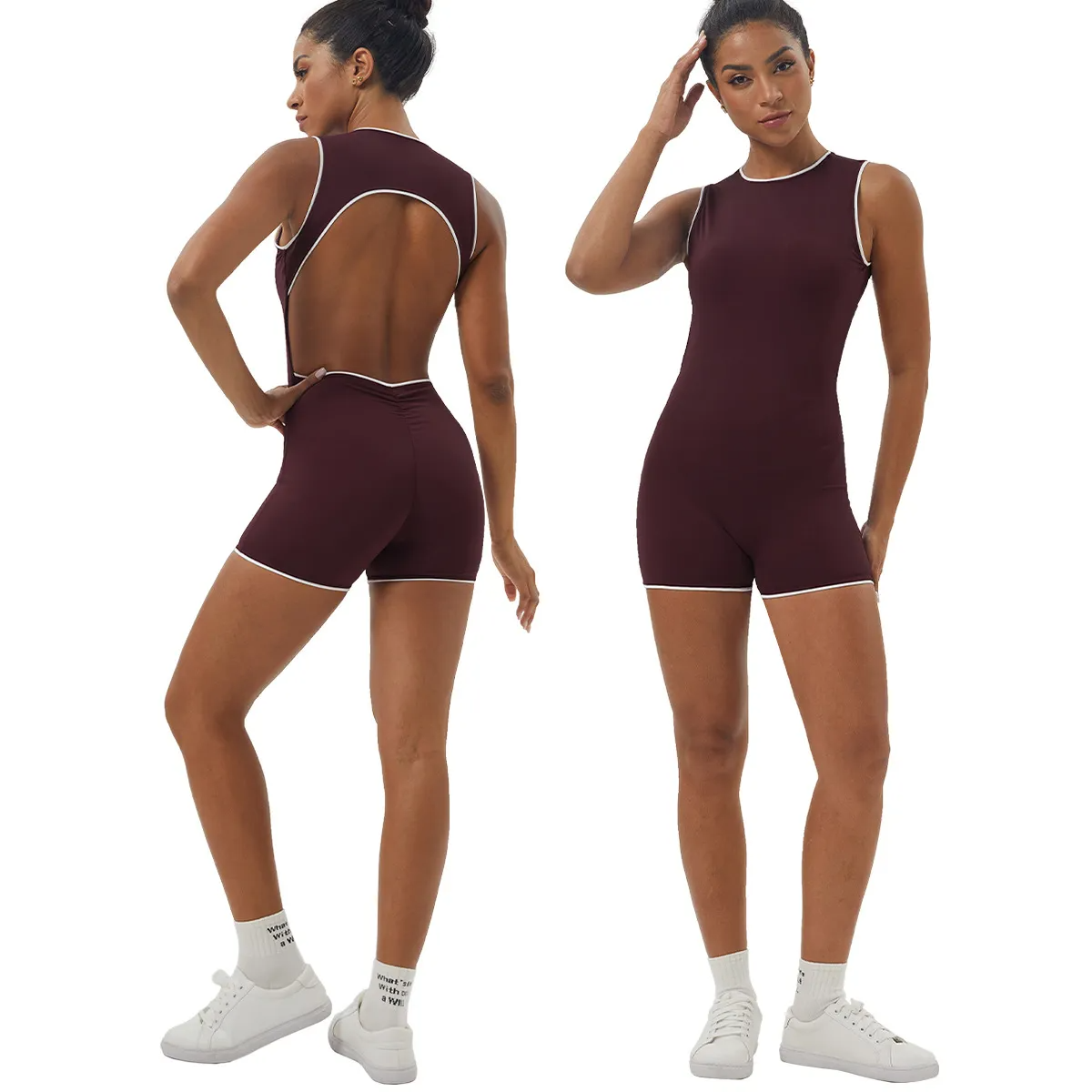 Ona Sleeveless Open-Back Contrast Trim One-Piece Romper athletic rompers Castello Clothing Line