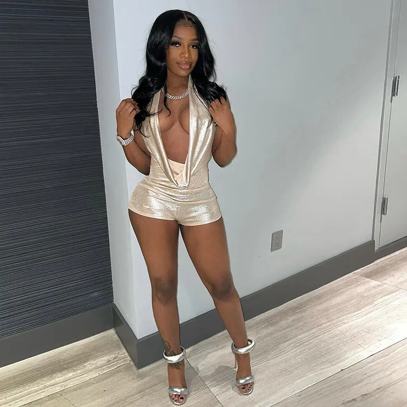 Glam Dive Plunge Halter Backless Romper  Castello Clothing Line   
