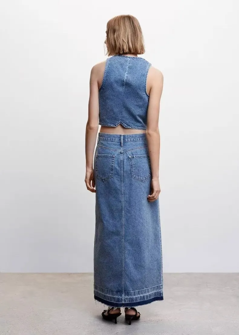 Chic Stroll Denim Maxi Skirt  Castello Clothing Line   