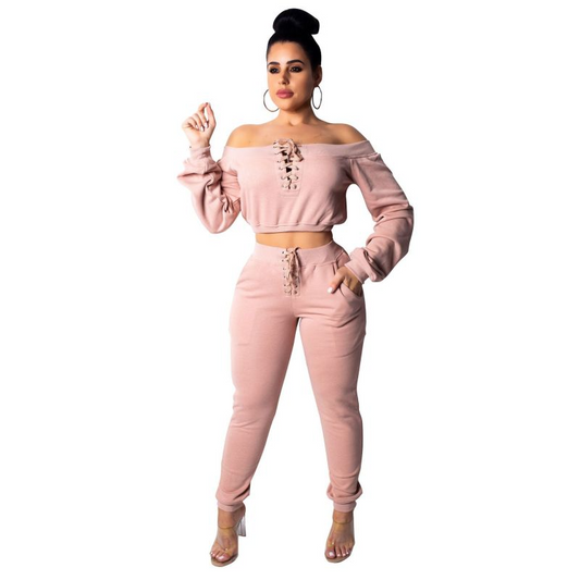 Flirt Lace-Up Off Shoulder Jogger Lounge Set  Castello Clothing Line   