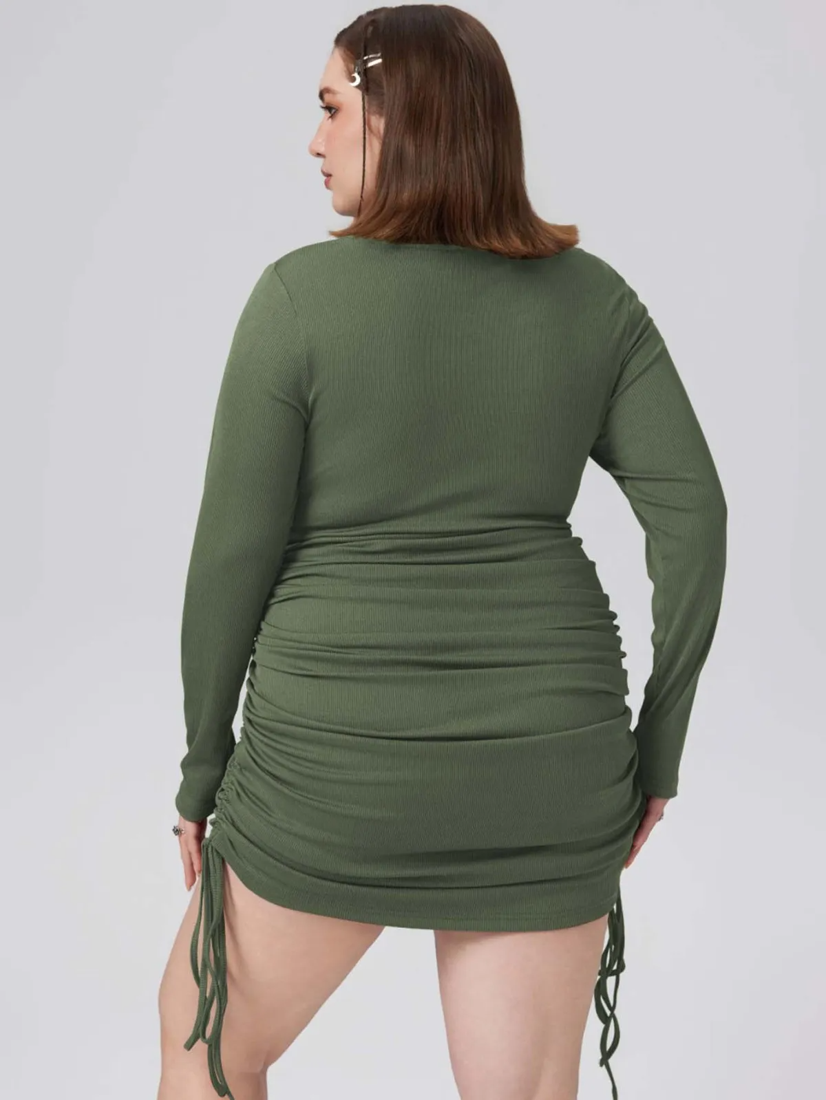 Quinn Ruched Drawstring Long Sleeve Ribbed Mini Dress Castello Clothing Line