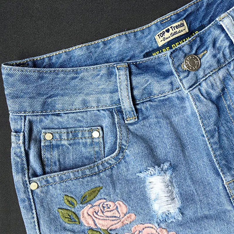 BloomEdge High-Rise Floral Embroidered Jean Shorts  Castello Clothing Line   