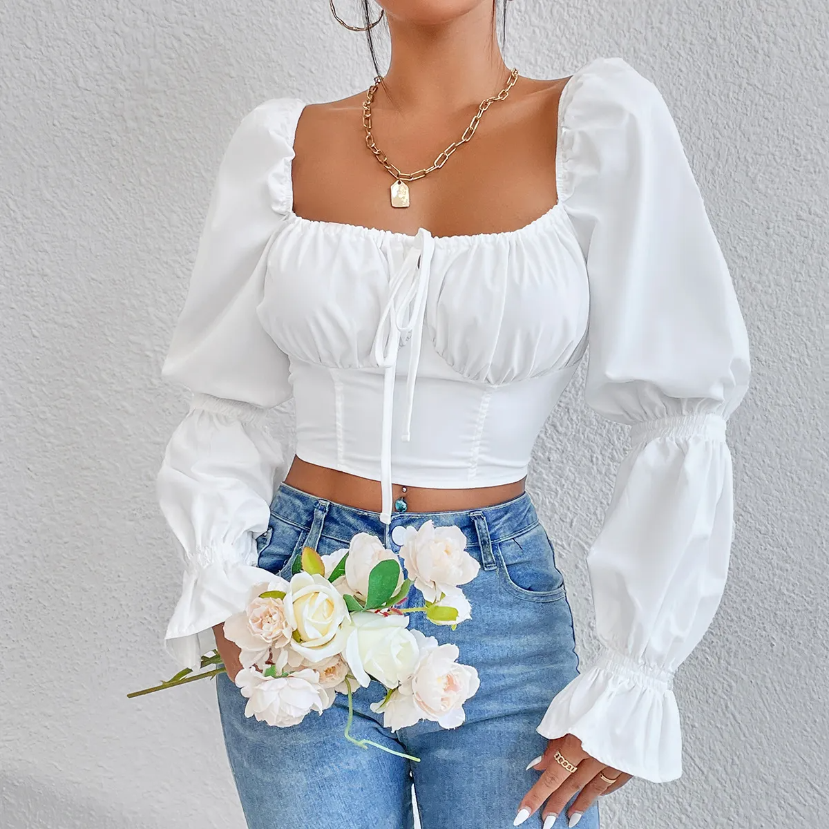 Vivara Ruched Tie Front Long Sleeve Crop Top Castello Clothing Line