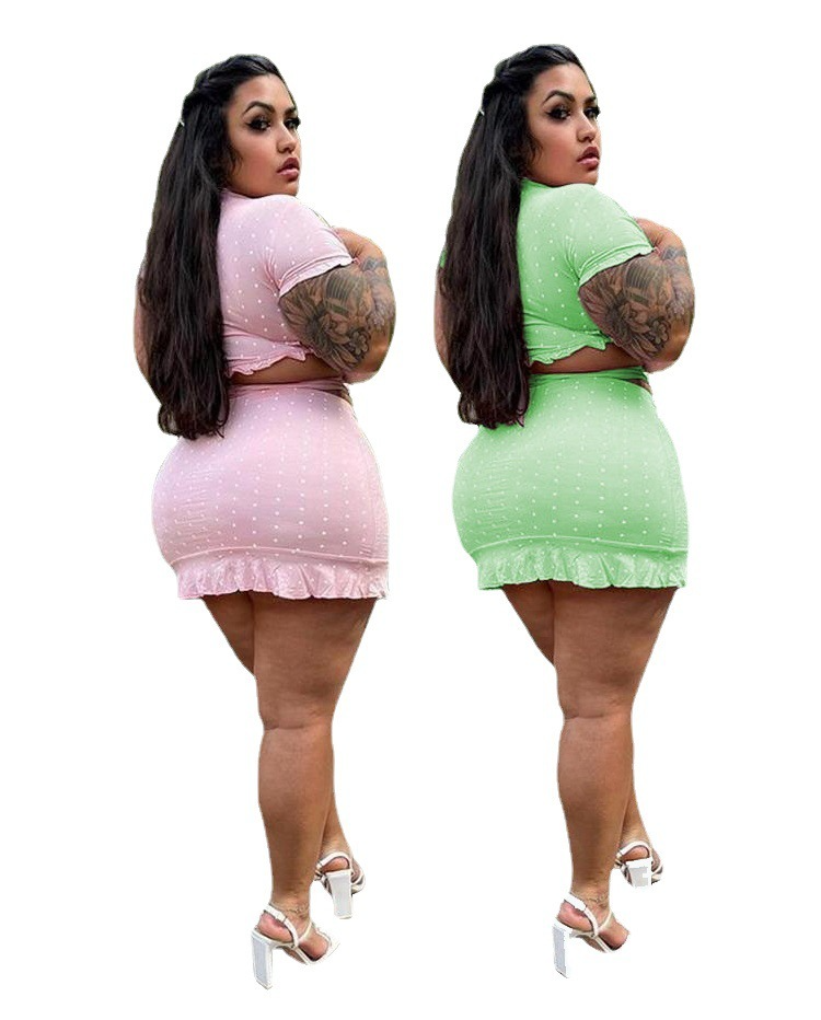 Plus Size Ruffled Polka Dot Wrap Skirt Set - Short Sleeve V-Neck Top & Mini Skirt  Castello Clothing Line   