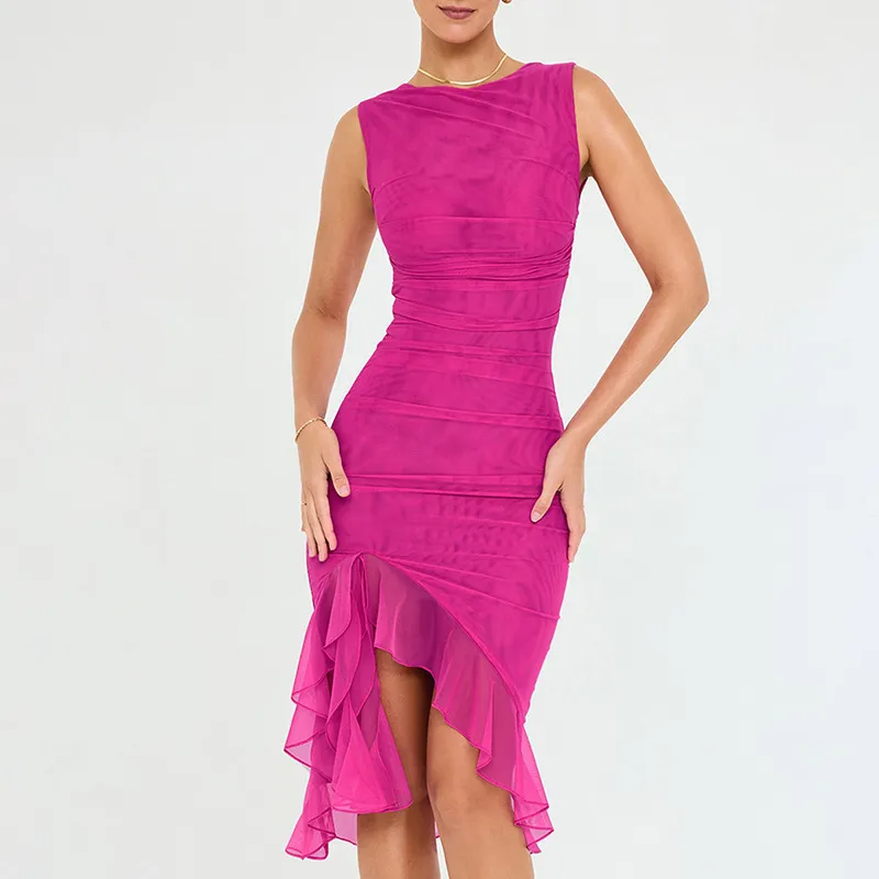 Marissa Sleeveless Ruched Sheer Overlay Bodycon Midi Dress midi dress Castello Clothing Line