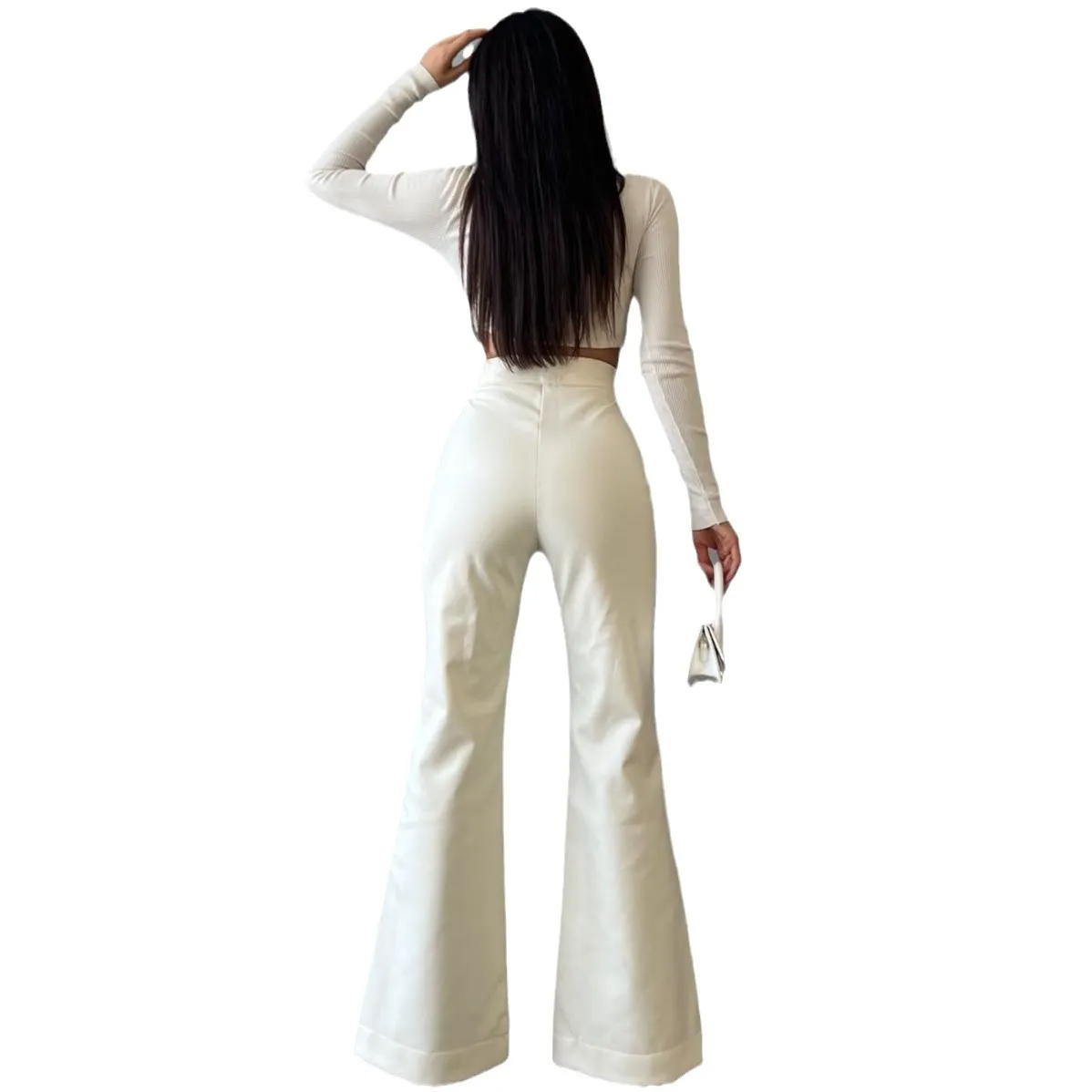 Juno High-Waisted Lace-Up Faux Leather Flare Pants Castello Clothing Line