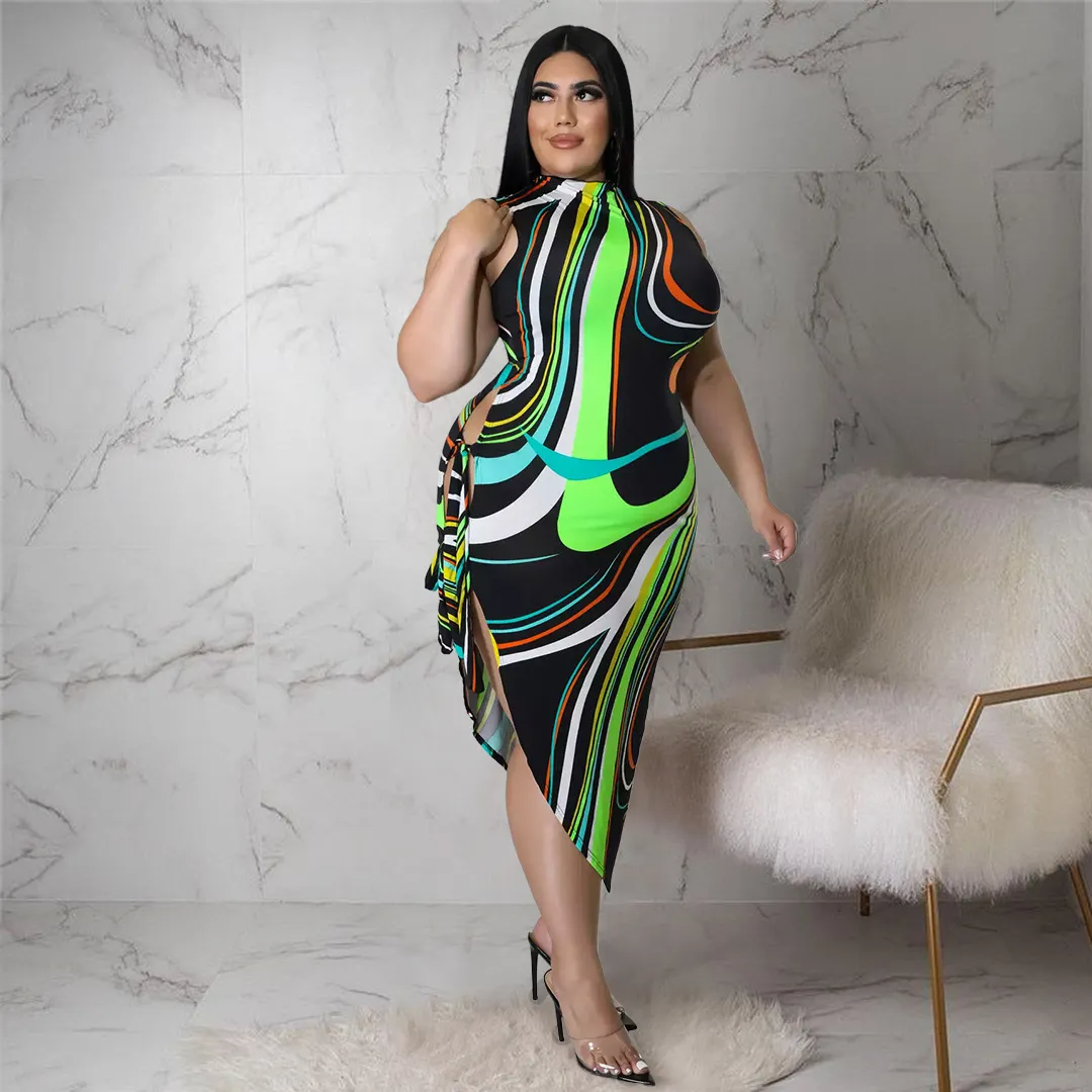 Natalie Plus Size Abstract Print Side Cutout Bodycon Midi Dress midi dress Castello Clothing Line