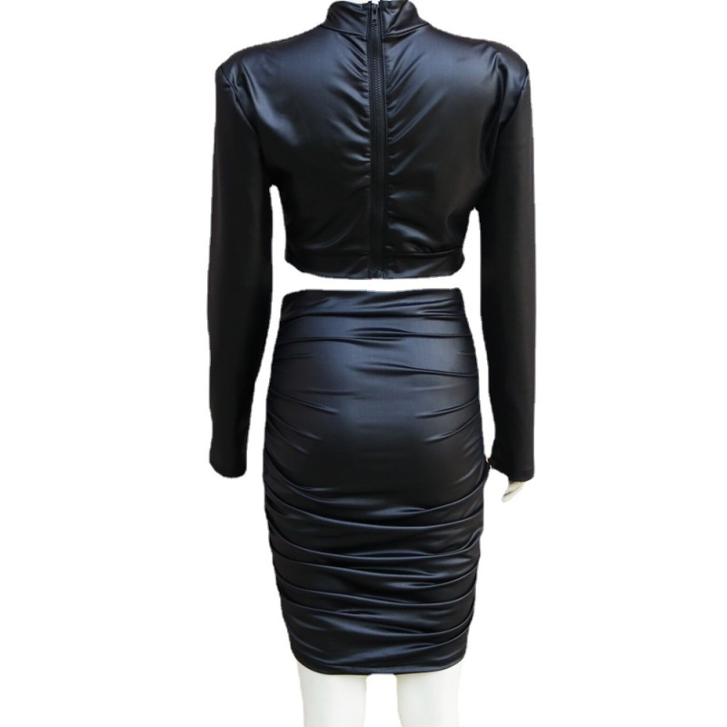 Leather High Neck Crop Top & Ruched Skirt Set  Castello Clothing Line   
