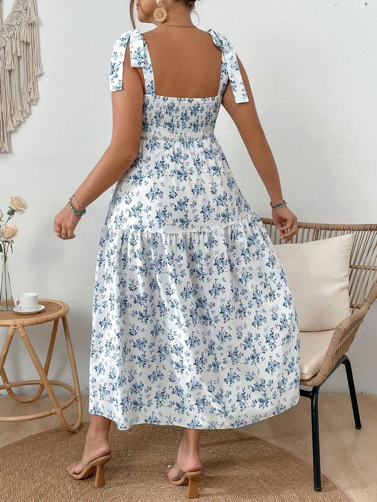 Caroline Plus Floral Print Tie Strap Tiered A-Line Midi Dress mini dress Castello Clothing Line