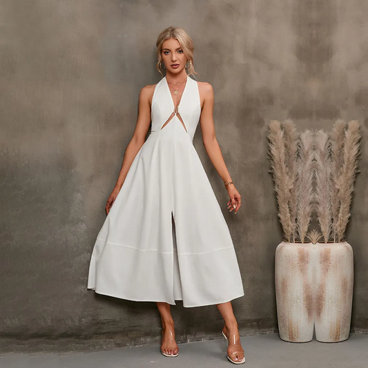 Wynn Backless Halter Neck Cutout A-Line Midi Dress midi dress Castello Clothing Line