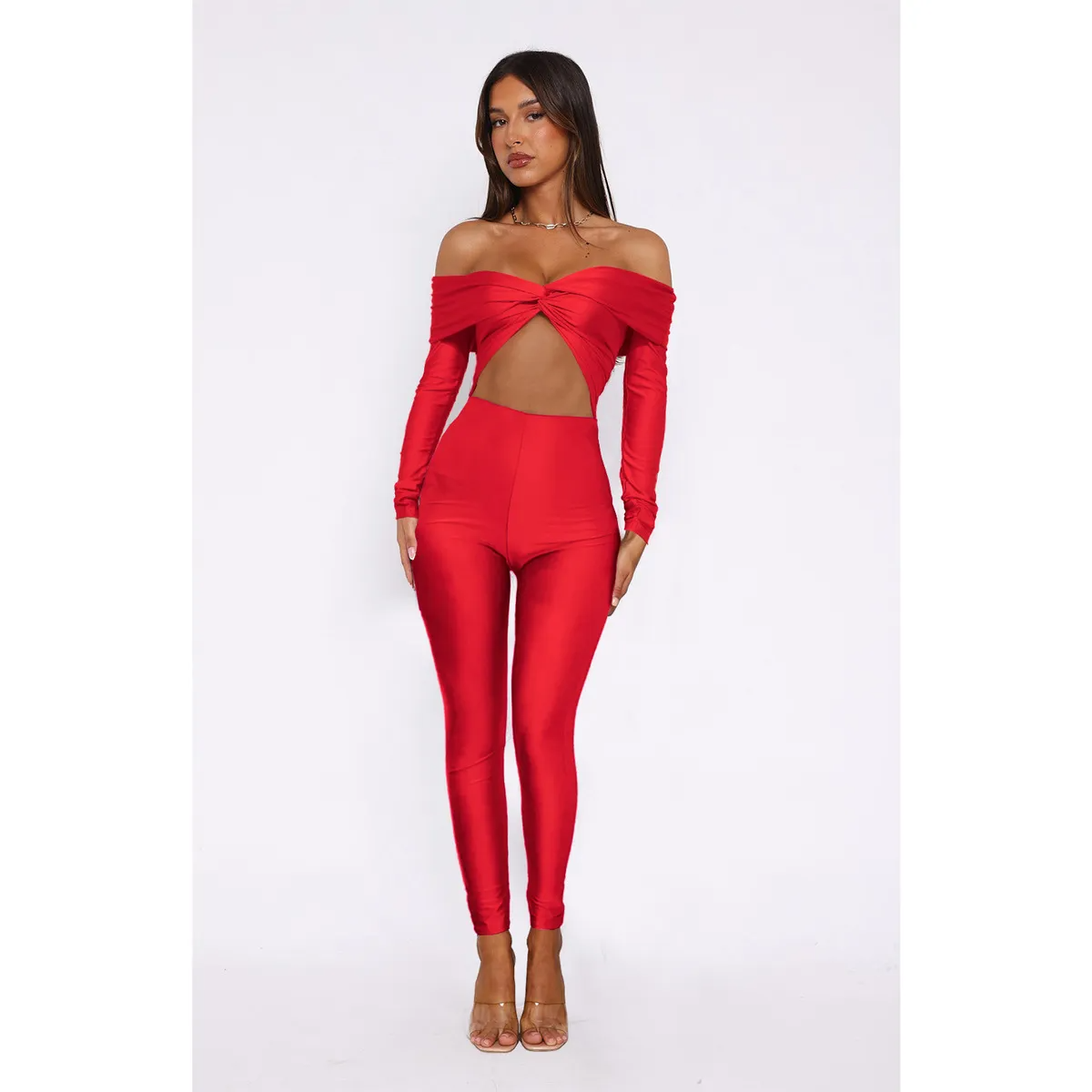 Raina Off-Shoulder Twist Front Long Sleeve Bodycon Jumpsuit women jumpsuits Castello Clothing Line